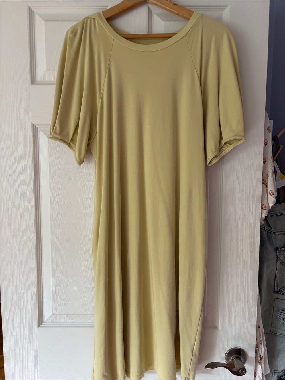 Studio Short Puff-Sleeve Midi Dress in Light Sage, 100% Cotton